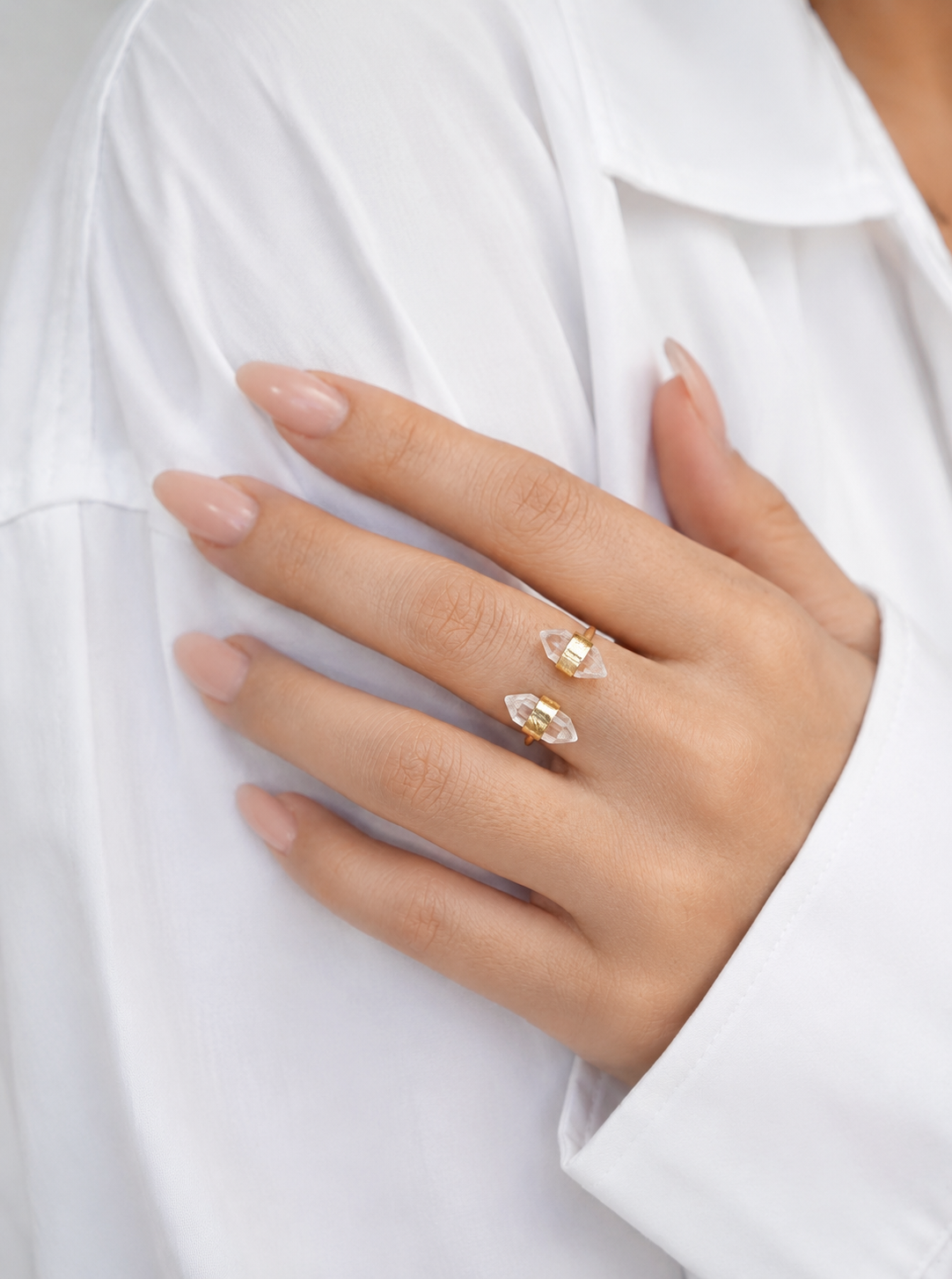 Clear Quartz Adjustable Double Vertical Sterling Silver Ring