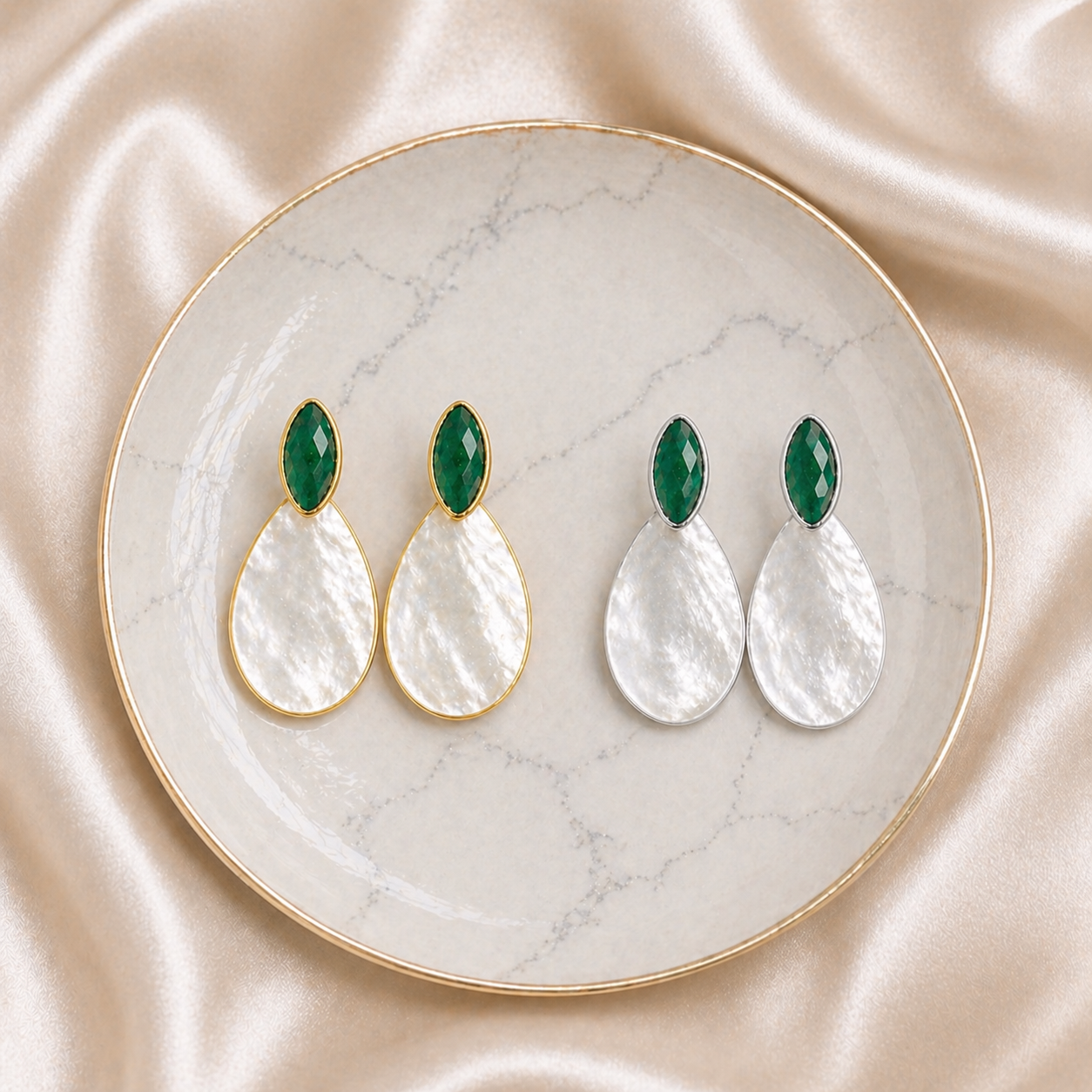 Emerald & Mother of Pearl Earrings – May Birthstone – Sterling Silver