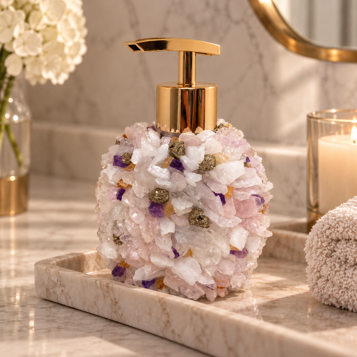 Natural Crystal Soap Dispenser – Pyrite, Citrine, Amethyst, Rose Quartz & White Quartz