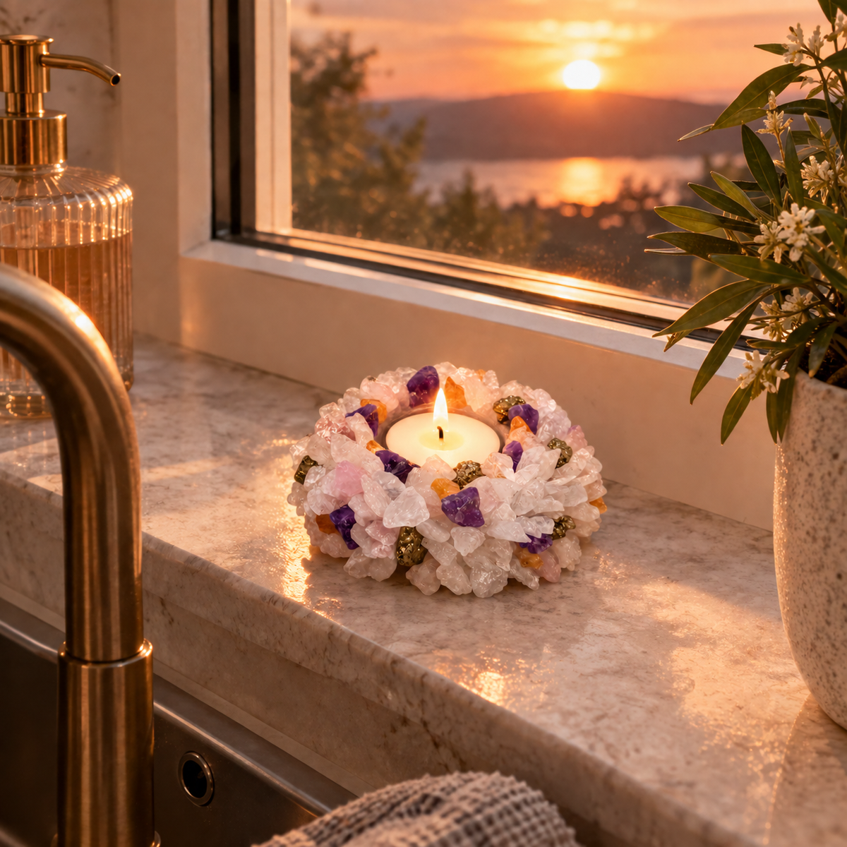Natural Crystal Candle Holder – Amethyst, Rose Quartz, Clear Quartz & Pyrite