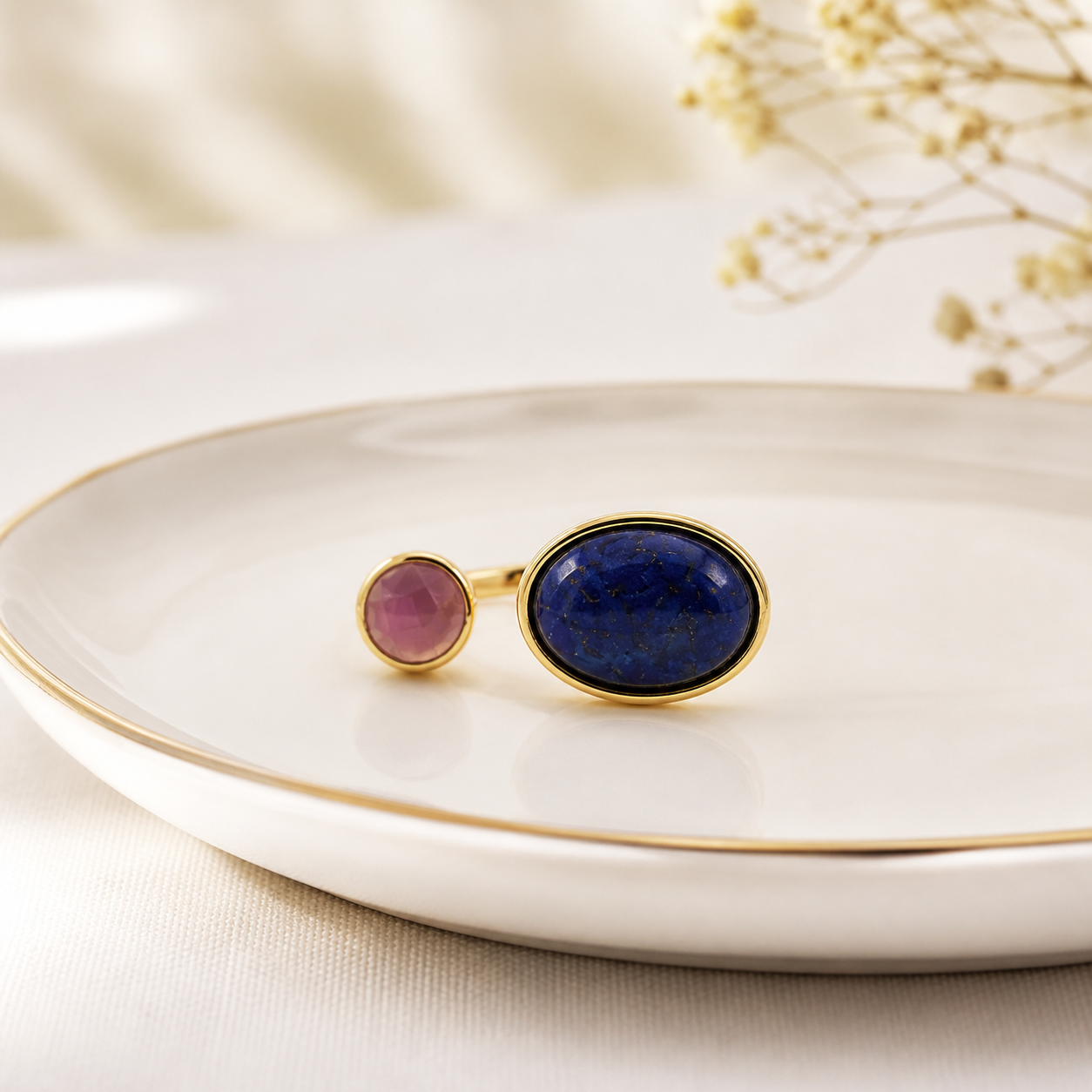 Double Stone Adjustable Ring – Lapis Lazuli & Amethyst
