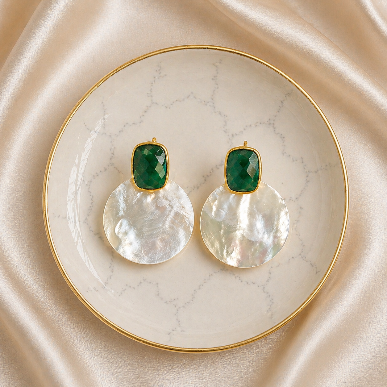 Emerald & Mother of Pearl Earrings – May Birthstone – Sterling Silver