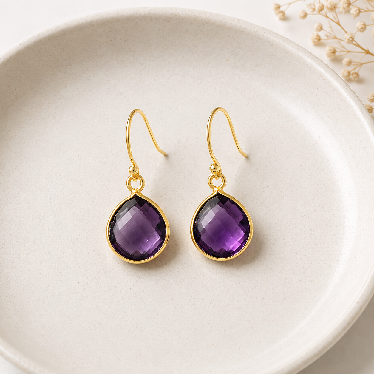 February Birthstone – Amethyst Sterling Silver Gold Plated Earrings