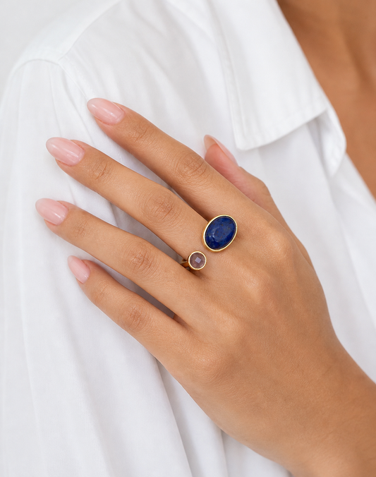 Double Stone Adjustable Ring – Lapis Lazuli & Amethyst