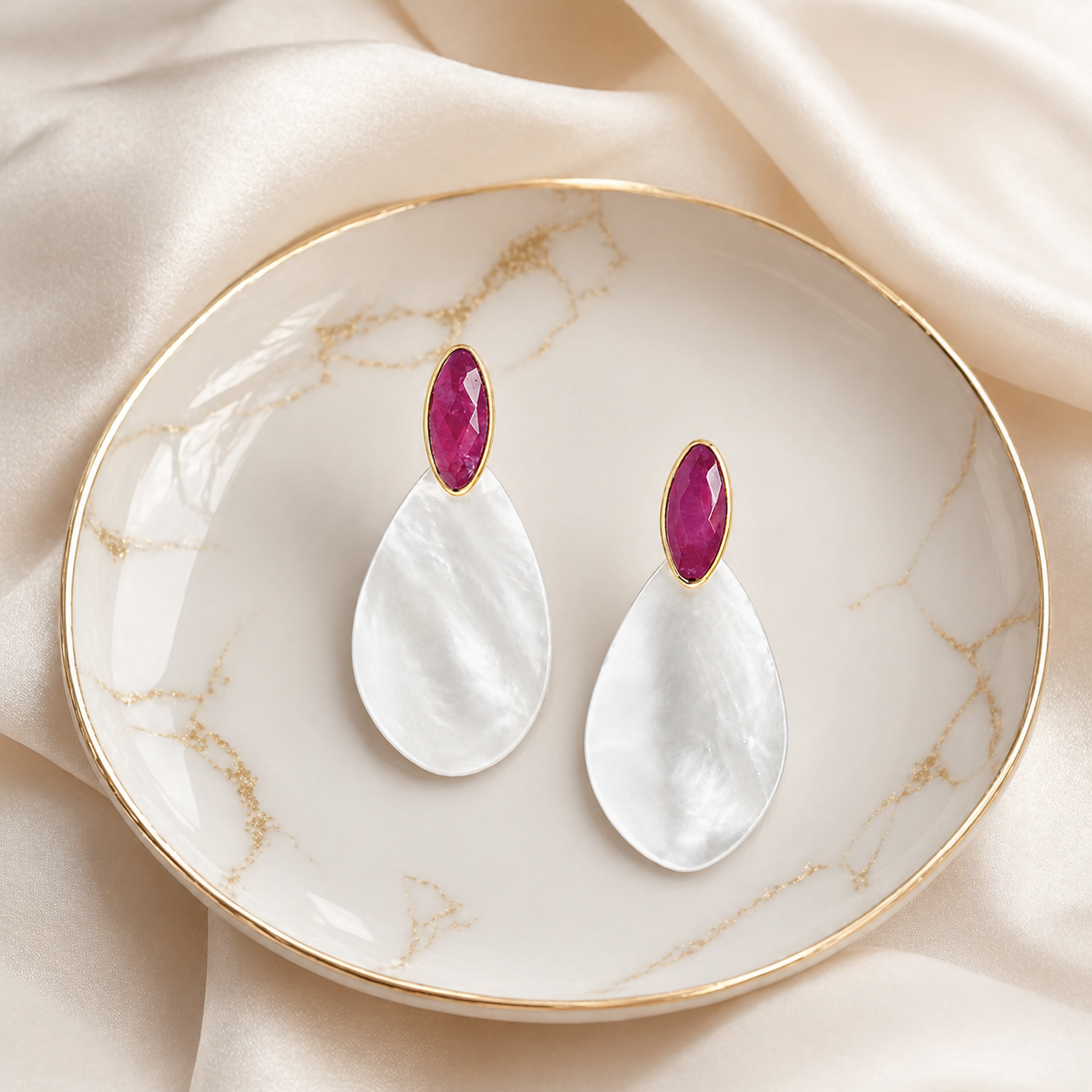 Ruby & Mother of Pearl Earrings – July Birthstone – Sterling Silver
