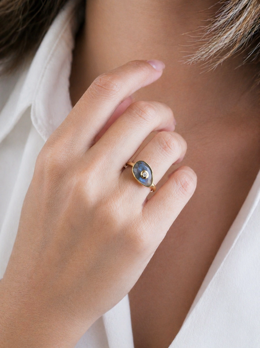 Labradorite Adjustable Oval Ring with CZ – Gold Plated Sterling Silver