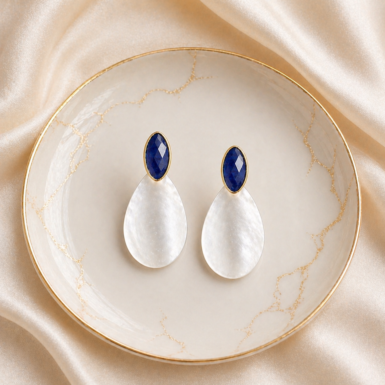 Sapphire & Mother of Pearl Earrings – September Birthstone – Sterling Silver