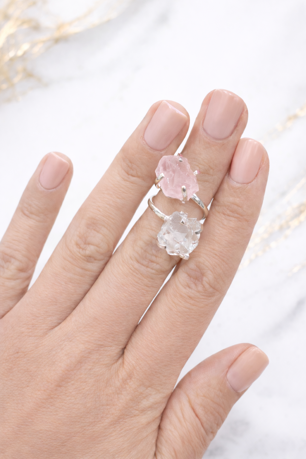 Rose Quartz & Clear Quartz Ring (Adjustable 5-9)