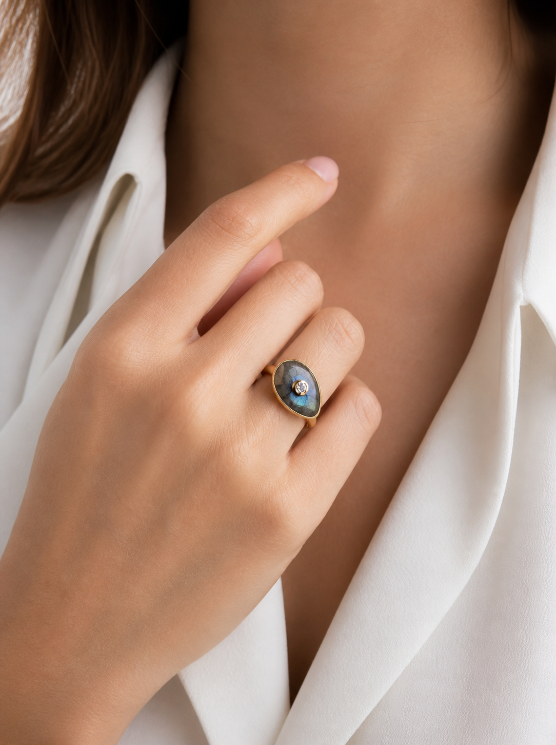 Labradorite Adjustable Oval Ring with CZ – Gold Plated Sterling Silver