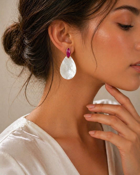 Ruby & Mother of Pearl Earrings – July Birthstone – Sterling Silver