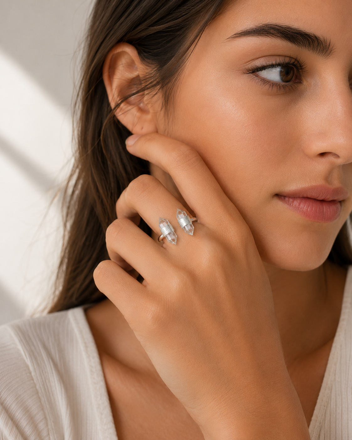 Clear Quartz Adjustable Double Vertical Sterling Silver Ring