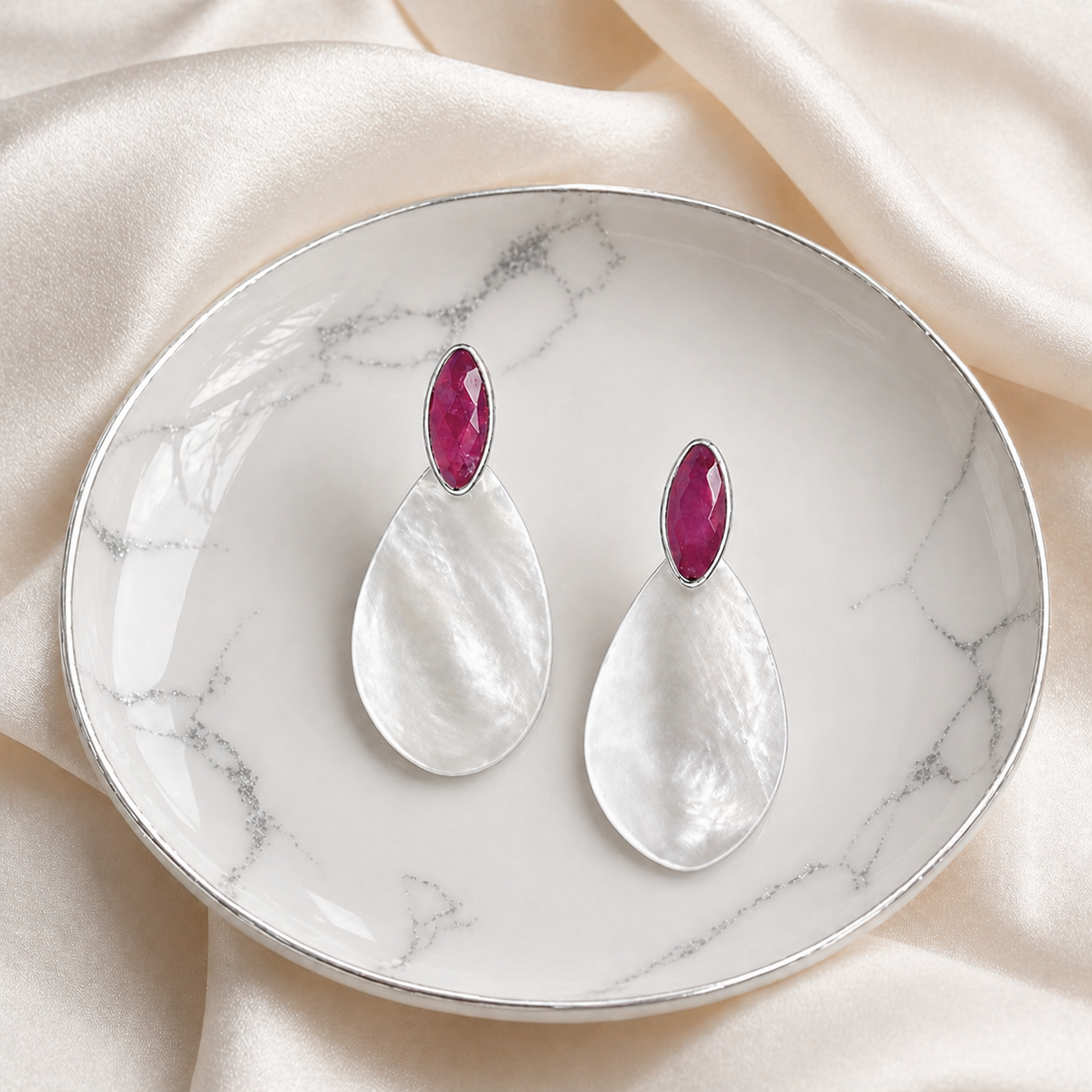 Ruby & Mother of Pearl Earrings – July Birthstone – Sterling Silver