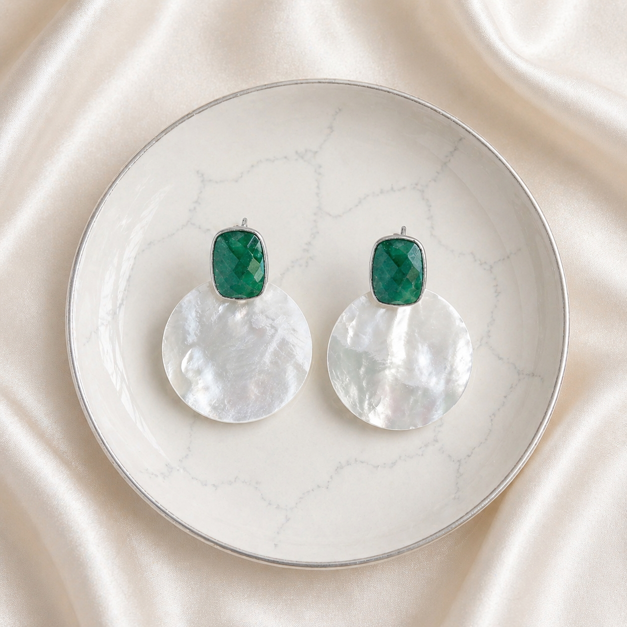 Emerald & Mother of Pearl Earrings – May Birthstone – Sterling Silver