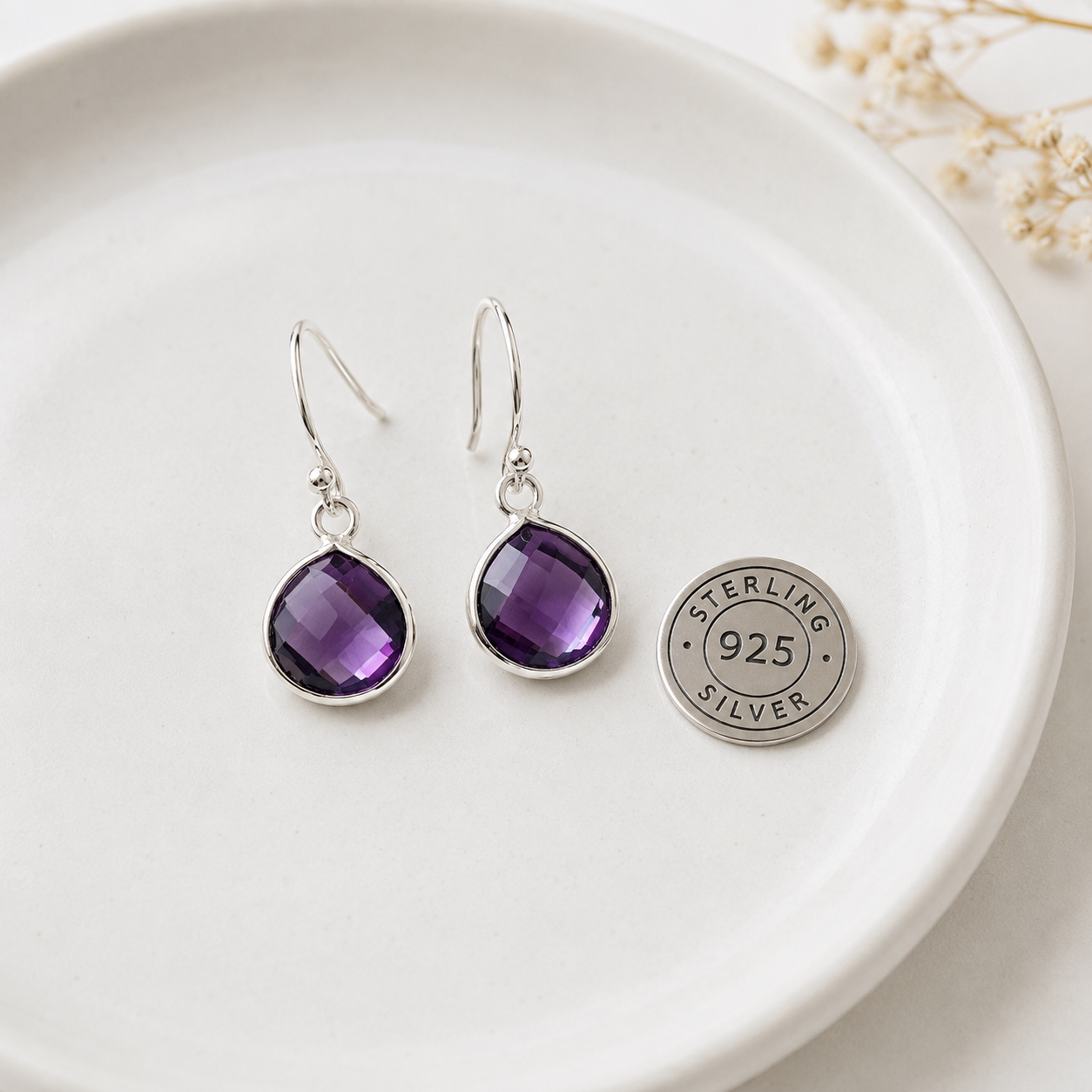 February Birthstone – Amethyst Sterling Silver Gold Plated Earrings