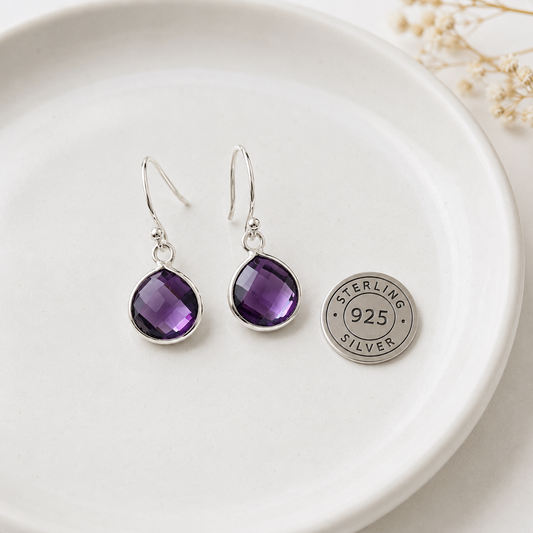 February Birthstone – Amethyst Sterling Silver Gold Plated Earrings