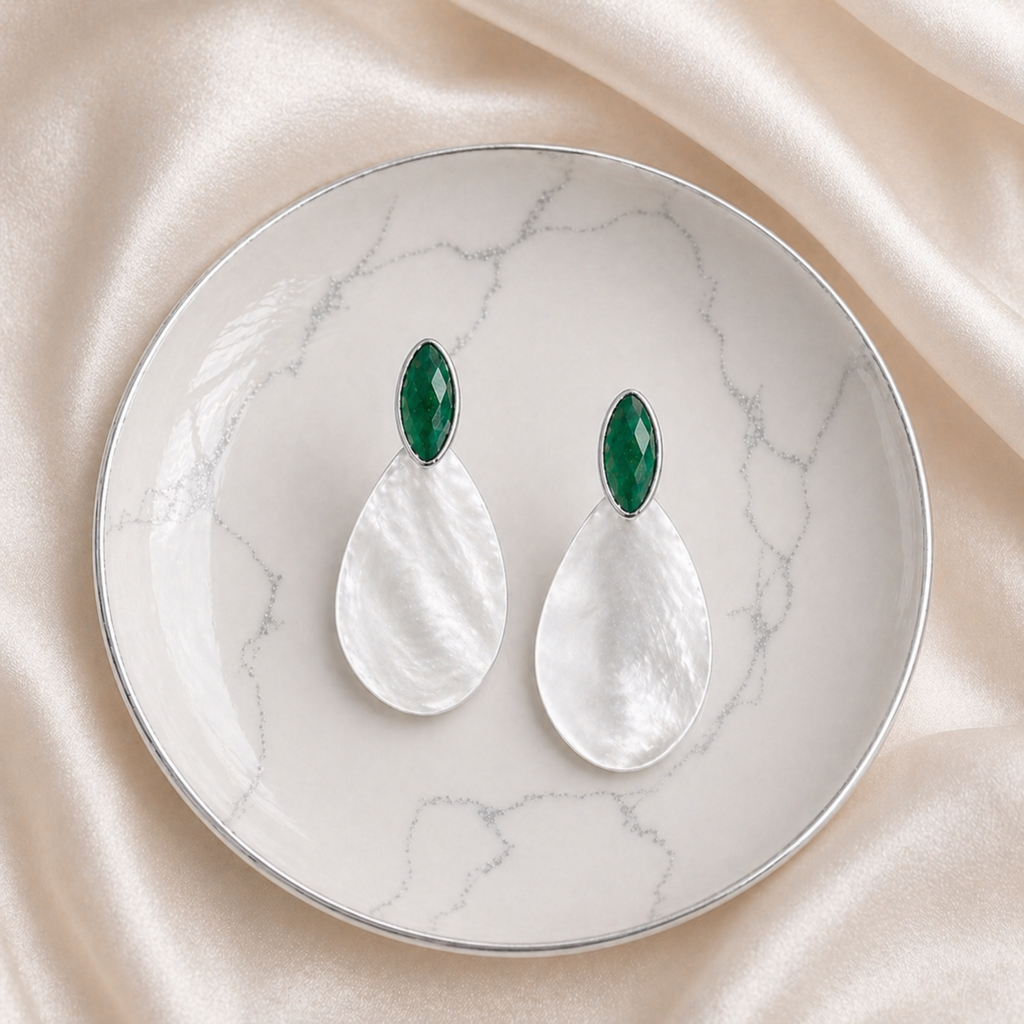Emerald & Mother of Pearl Earrings – May Birthstone – Sterling Silver