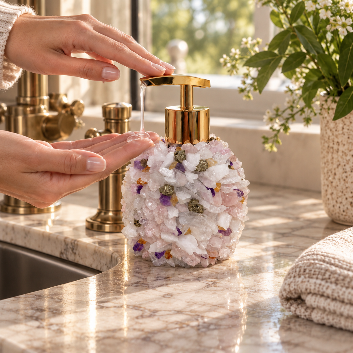 Natural Crystal Soap Dispenser – Pyrite, Citrine, Amethyst, Rose Quartz & White Quartz