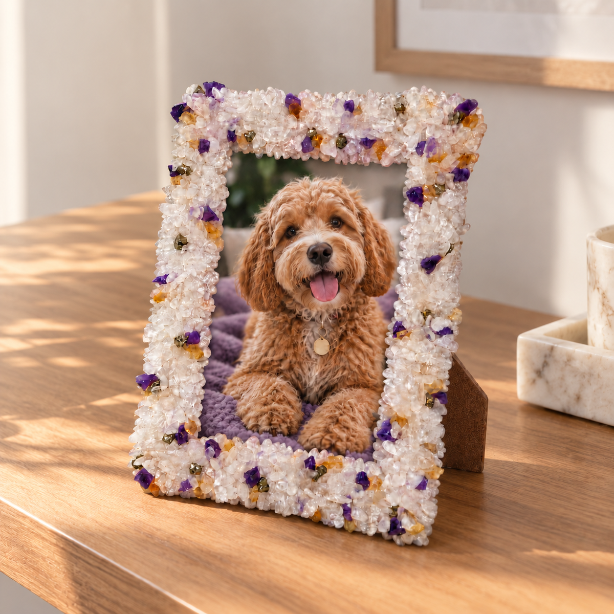 Natural Crystal Photo Frame – Pyrite, Citrine, Amethyst, Rose Quartz & White Quartz