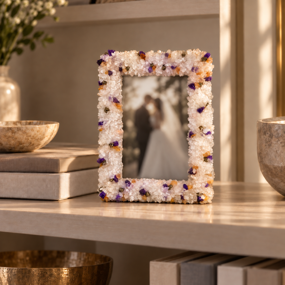 Natural Crystal Photo Frame – Pyrite, Citrine, Amethyst, Rose Quartz & White Quartz