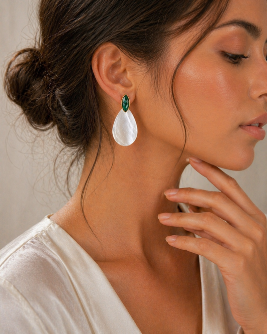 Emerald & Mother of Pearl Earrings – May Birthstone – Sterling Silver
