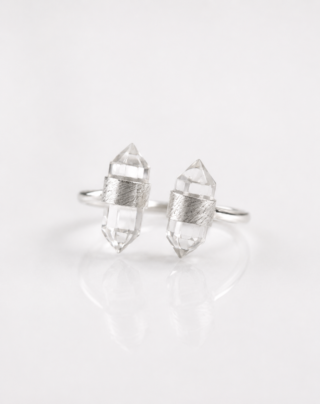 Clear Quartz Adjustable Double Vertical Sterling Silver Ring