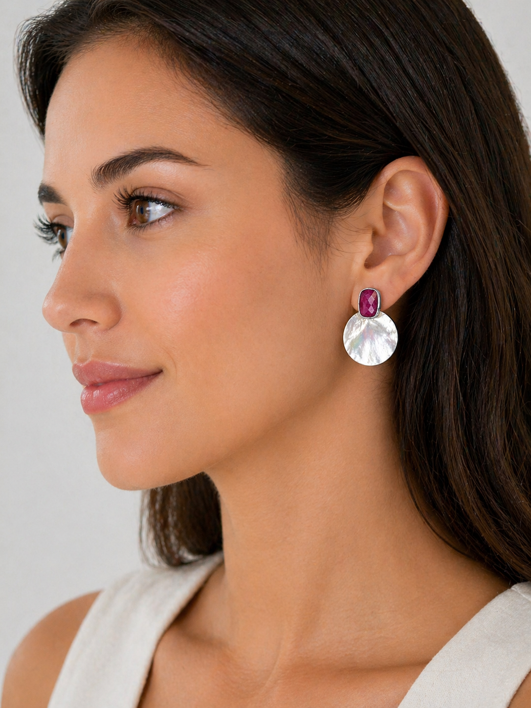 Ruby & Mother of Pearl Earrings – July Birthstone – Sterling Silver
