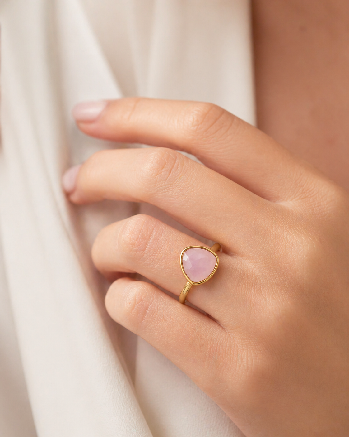 Rose Quartz Adjustable Triangle Ring – Sterling Silver