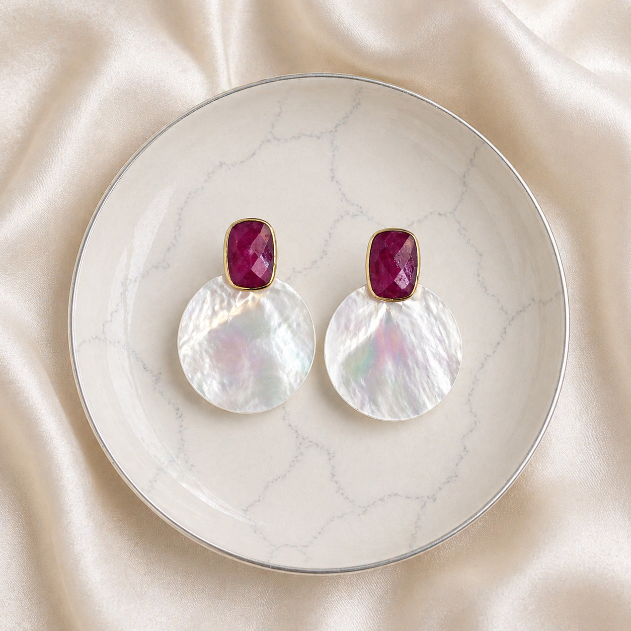 Ruby & Mother of Pearl Earrings – July Birthstone – Sterling Silver