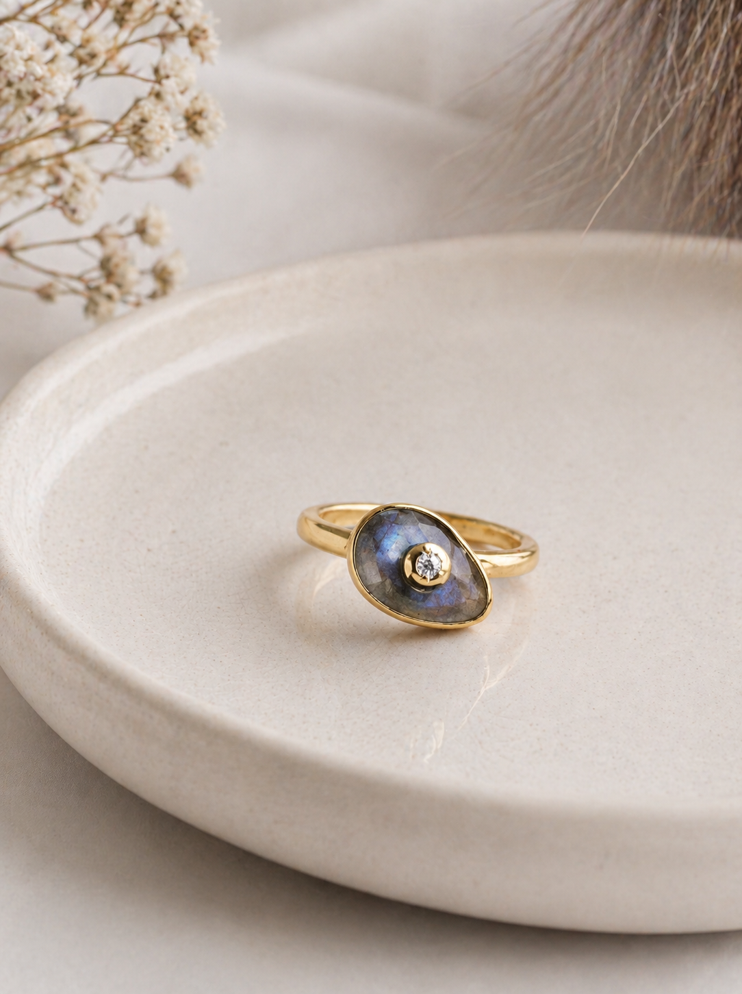 Labradorite Adjustable Oval Ring with CZ – Gold Plated Sterling Silver