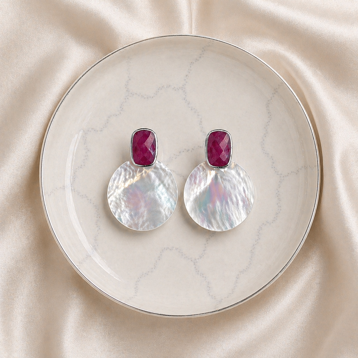 Ruby & Mother of Pearl Earrings – July Birthstone – Sterling Silver