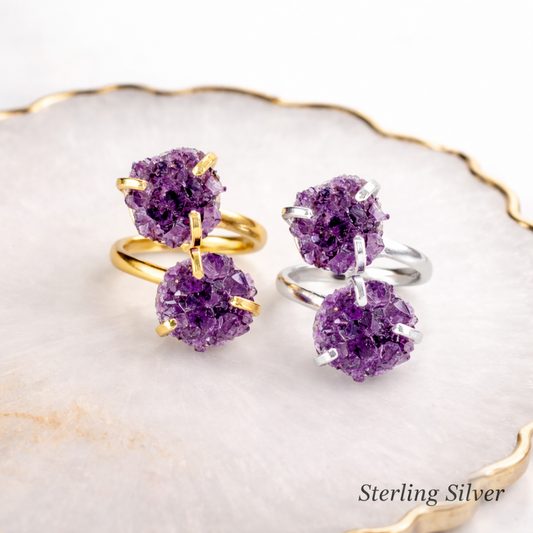Natural Amethyst Druzy Double Ring – February Birthstone