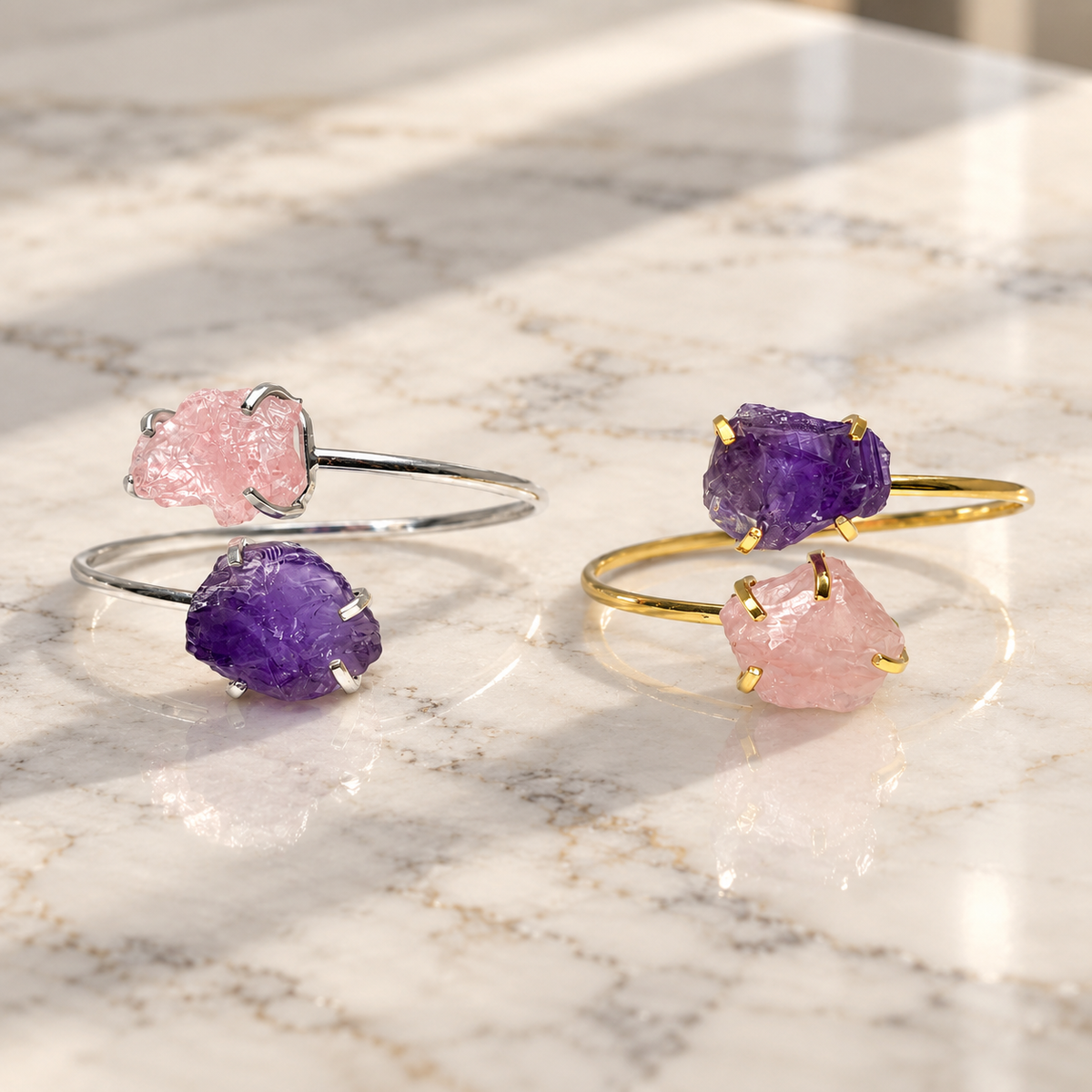 Amethyst & Rose Quartz Double Bracelet